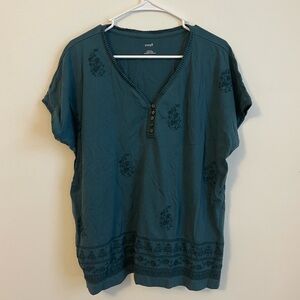 J Jill Pure Jill Tee Top Viridian L Embroidered Buttoned V-Neck Cotton Artsy